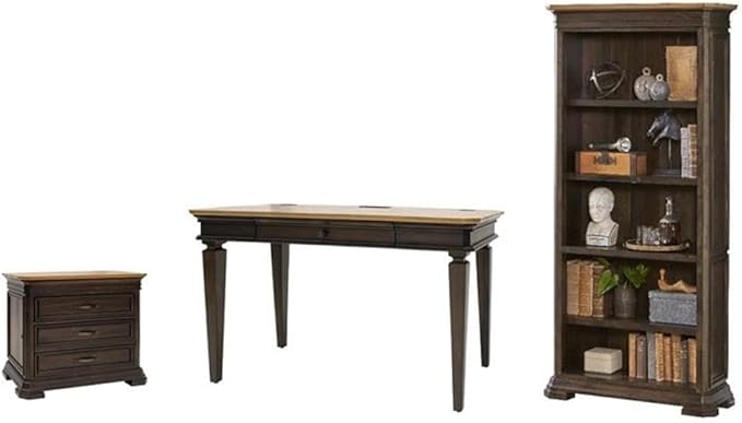 Pemberly Row Set of 3 Executive Desk w/Power Center & Filing Cabinet & Bookcase
