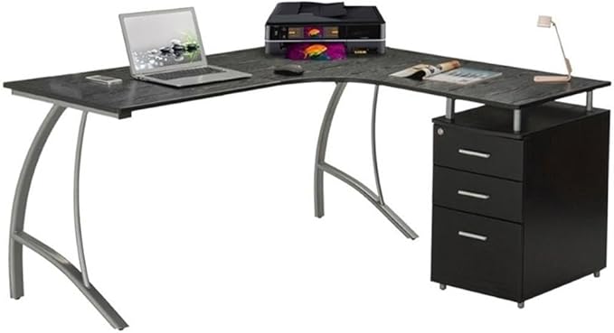 Scranton & Co Modern Wood L-Shaped Corner Desk, Espresso Finish, 30" H x 55" W x 59" D, MDF Panels with PVC Laminate, Built-in Locking Storage & Hanging File Cabinet, Space-Saving Home Office Desk