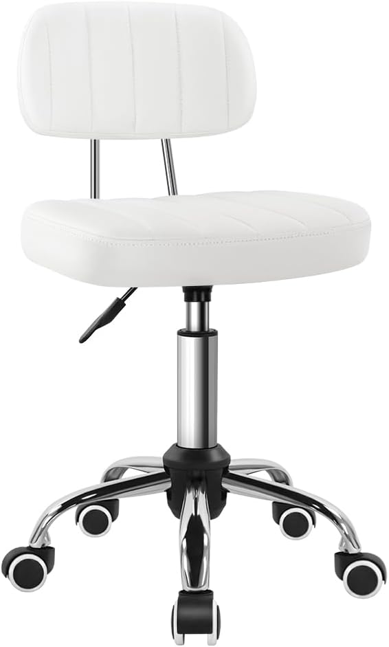 BFTOU White Square Swivel Stool with Wheel for Work SPA Shop Massage Height-Adjustable and Cost-Effective Rolling Stool Chair with Back