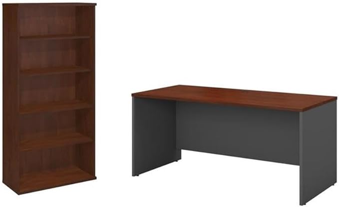 Pemberly Row Set of 2 60W Credenza Desk & 5-Shelf Bookcase in Hansen Cherry
