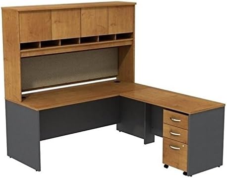BOWERY HILL 72" L-Shaped Desk with Hutch, Natural Cherry Finish, Thermally Fused Laminate, 72" 4-Door Hutch with Fabric Tack Board, 48" Bridge Return, 3-Drawer Mobile Pedestal, Home Office Desk