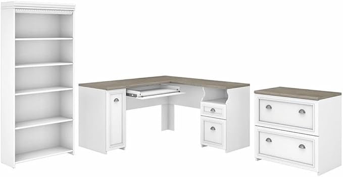 Pemberly Row 60W L Shaped Desk with Storage, Lateral File Cabinet & 5 Shelf Bookcase, Engineered Wood, Pure White with Shiplap Gray Finish, Modern Farmhouse Style Home Office Furniture Set
