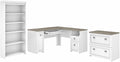 Pemberly Row 60W L Shaped Desk with Storage, Lateral File Cabinet & 5 Shelf Bookcase, Engineered Wood, Pure White with Shiplap Gray Finish, Modern Farmhouse Style Home Office Furniture Set