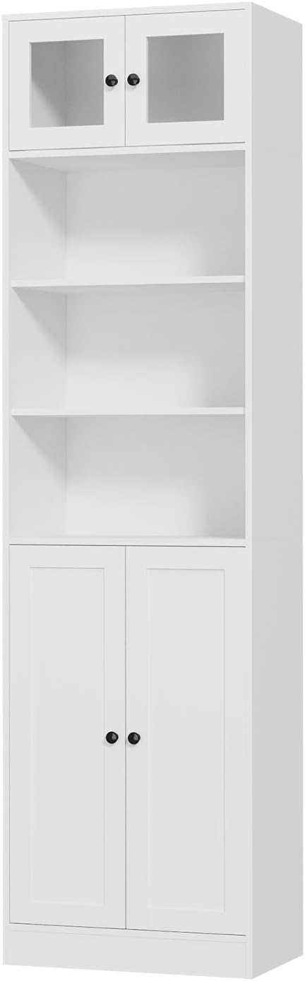 TUSY 85.5 Inch Tall Bookshelf with Doors - 7 Tier Bookcase with Glass Doors and Drawer, 23.6" Wide Storage Cabinet with Open Shelves for Living Room, White Book Shelf for Home Office, Study (A)