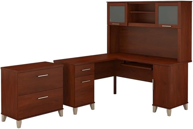 Pemberly Row Modern 60W L Shaped Desk with Hutch and File Cabinet, Cherry Finish, Frosted Glass Doors, Keyboard Tray, File Drawers, Home Office Furniture Set for Indoor Use