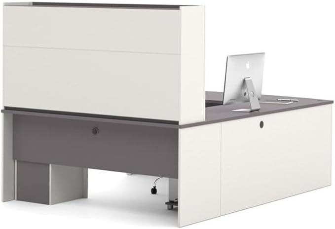 Bowery Hill Contemporary Wood U-Shaped Workstation, Sandstone/Gray Finish, 71.13"W x 92.38"D x 65.75"H, Modular Design, Durable Melamine Surface, Commercial Grade Office Desk with Hutch and Shelving