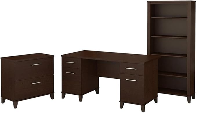 Scranton & Co Somerset 60W Office Desk Set, Cherry Finish, Includes Lateral File Cabinet and 5 Shelf Bookcase, Durable Workspace Furniture with Wire Management and Adjustable Shelves for Home Office