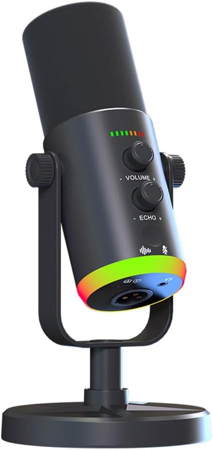 USB/XLR Desktop Dynamic Microphone with RGB Lighting, Noise Reduction, Mute Button & Headphone Jack - Podcast, Gaming, Streaming Mic for PC & Computer (Black)
