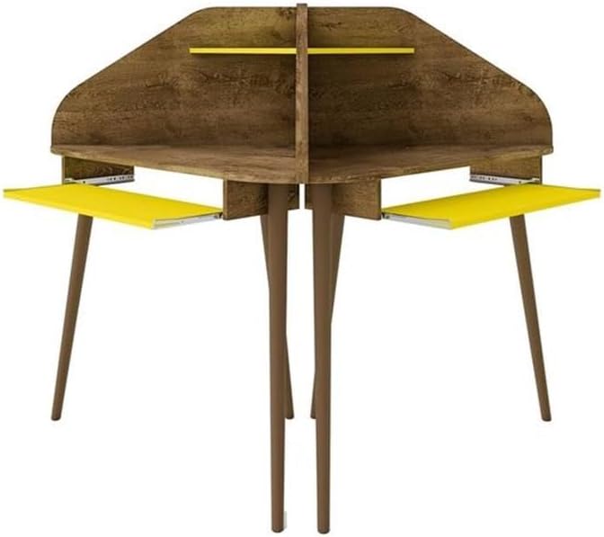 Eden Home 4-Piece Round Sectional Desk Set, MDF Wood, Rustic Brown and Yellow Finish, 62.62 in Wide, Includes Drawer, Shelves, Grommets, Freestanding or Floating, Ideal for Home Office or Study Use
