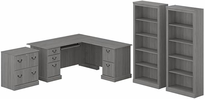 Pemberly Row L Shaped Desk with Storage Set, Modern Gray Engineered Wood, 66W x 72D, Includes File Cabinet, 2 Tall 5 Shelf Bookcases, Locking Drawers, Scratch-Resistant Surface for Home Office Use