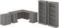 Pemberly Row L Shaped Desk with Storage Set, Modern Gray Engineered Wood, 66W x 72D, Includes File Cabinet, 2 Tall 5 Shelf Bookcases, Locking Drawers, Scratch-Resistant Surface for Home Office Use