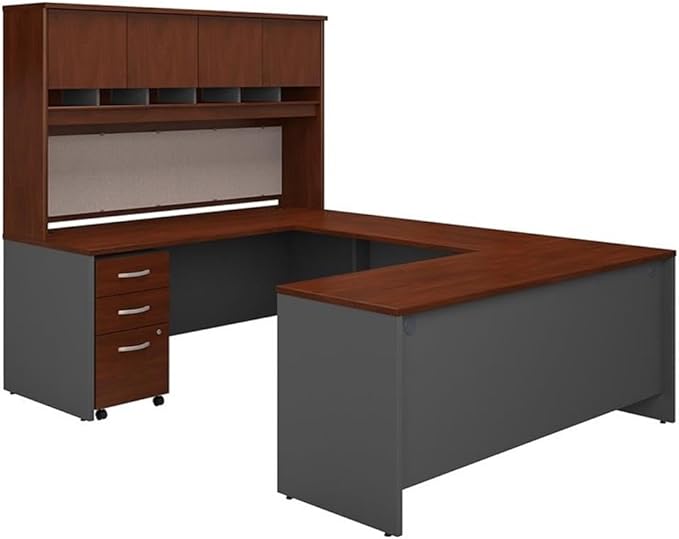 Pemberly Row 72" W U-Shaped Desk with Hutch and Storage, Hansen Cherry Finish, Thermally Fused Laminate, 6 Cubbies, 4 Doors, 3 Drawer Mobile File Cabinet for Office Workspace
