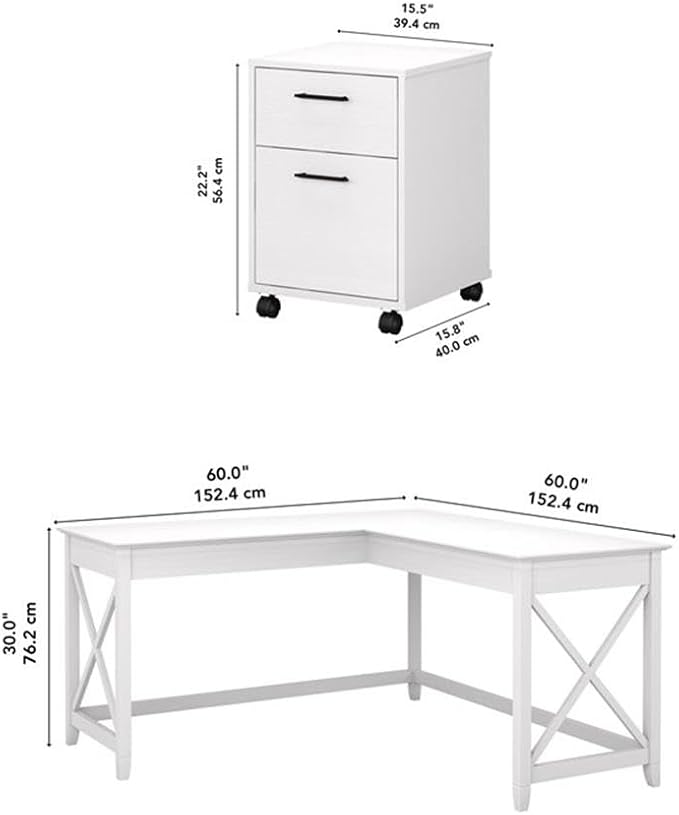 Pemberly Row Modern 60W L Shaped Desk with 2 Drawer File Cabinet, Durable Wood Construction, Coastal Farmhouse Style, X Pattern Accents, Spacious Home Office Furniture Set with Extended Work Surface