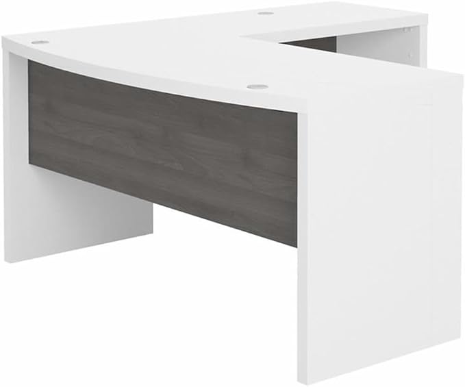 Pemberly Row Set of 2 L-Shaped Bow Front Desk & 5-Shelf Bookcase in White & Gray