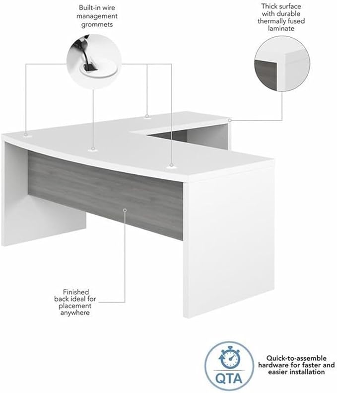 Pemberly Row Set of 2 Bow Front L-Shape Desk & Lateral File Cabinet - White/Gray