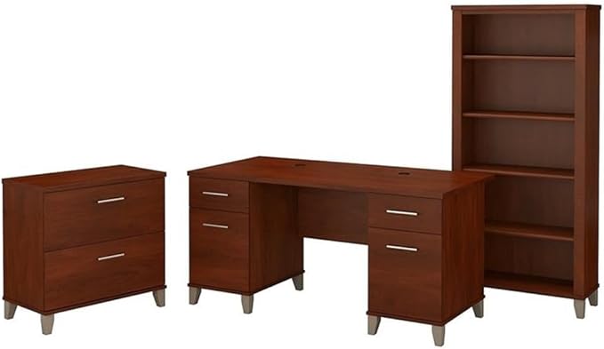 Bush Furniture Somerset Office Desk with Lateral File Cabinet and 5 Shelf Bookcase