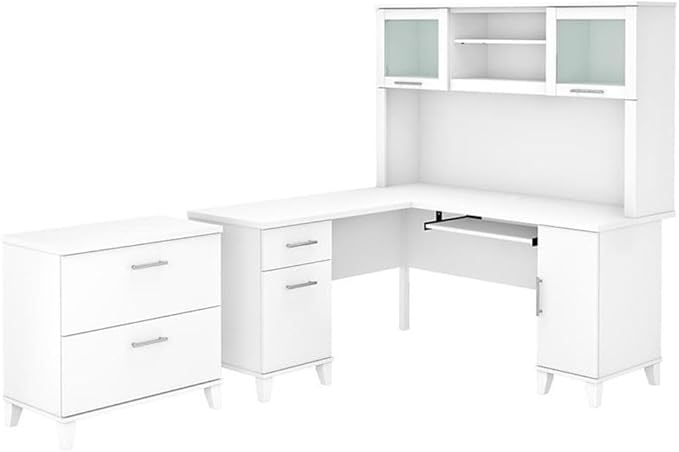 Pemberly Row Engineered Wood 60W L Shaped Desk with Hutch & File Cabinet, White Finish, Pull-Out Keyboard Tray, Frosted Glass Doors, Ball Bearing Slides, Home Office Furniture Set