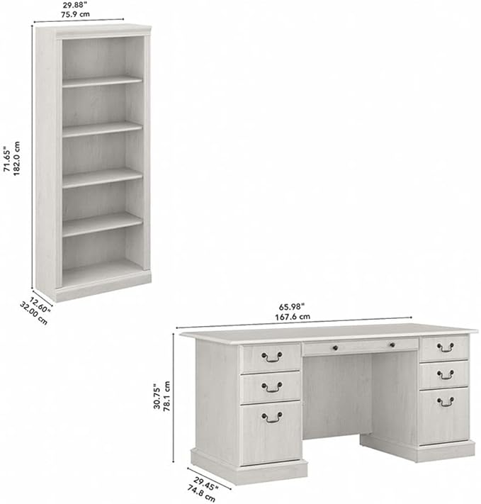 Bush Furniture Saratoga Executive Desk and Bookcase Set in Linen White Oak