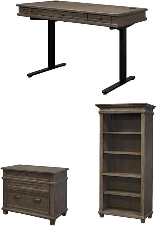 BOWERY HILL Set of 3 Electronic Sit/Stand Desk & Open Bookcase & Filing Cabinet