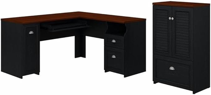 Bush Furniture Fairview 60W L Shaped Desk and 2 Door Storage Cabinet with File Drawer in Antique Black and Hansen Cherry