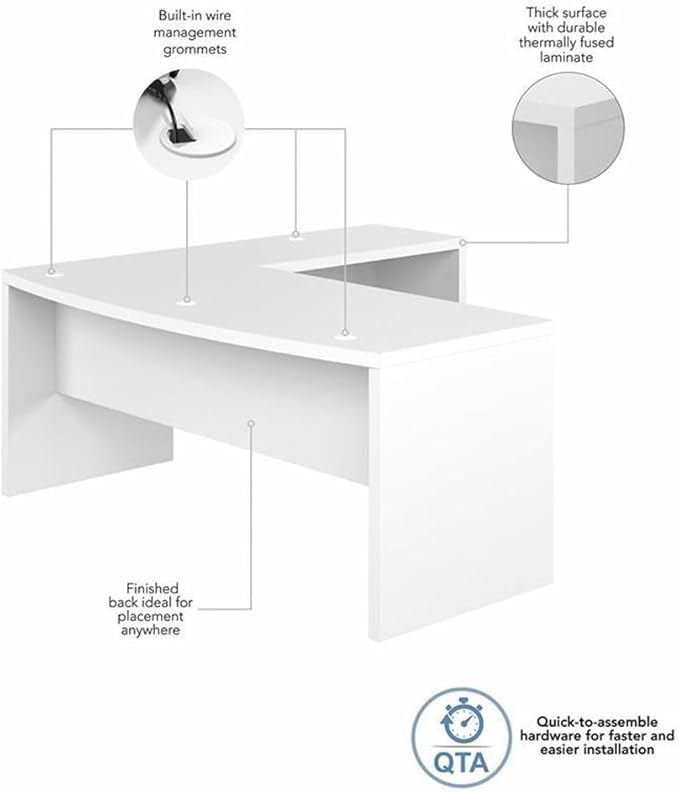 Pemberly Row Set of 2 Bow Front L-Shape Desk & Mobile File Cabinet in Pure White