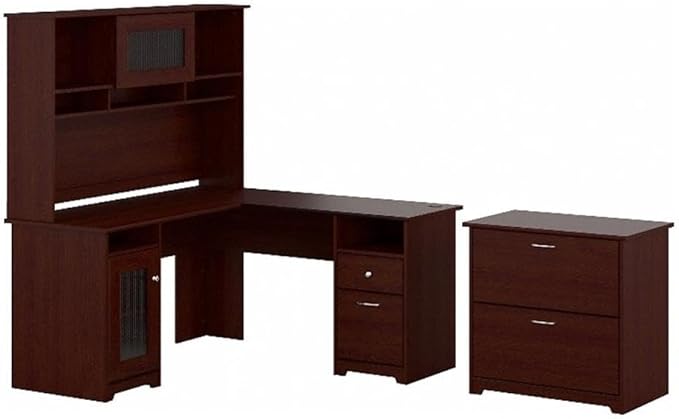Bush Furniture Cabot 60W L Shaped Computer Desk with Hutch and Lateral File Cabinet in Harvest Cherry
