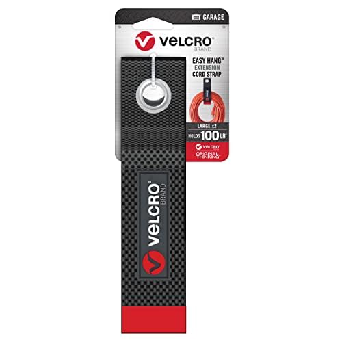 VELCRO Brand Easy Hang Extension Cord Organizer Holder | Large 18" Heavy Duty Straps for Garage Organization and Storage Grommet Hangs Easily on Wall Hooks or Nails 2pk, Holds 100bs, Black