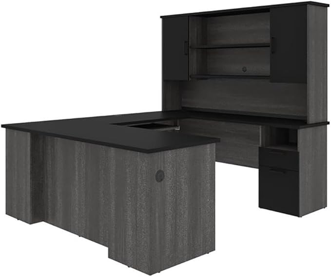 Atlin Designs U Shaped Computer Desk with Hutch, 71"W x 88.4"D x 70"H, Laminated Wood, Black/Bark Gray Finish, 2 Drawers, 3 Shelves, Reversible Office Desk with Wire Management for Home or Office Use