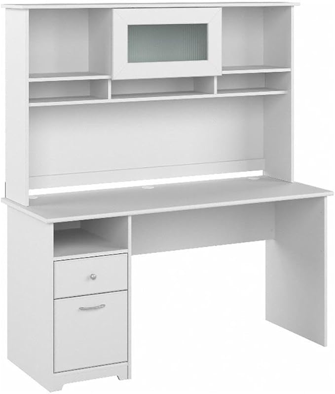 Bush Furniture Cabot 60W Single Pedestal Desk and Hutch, White