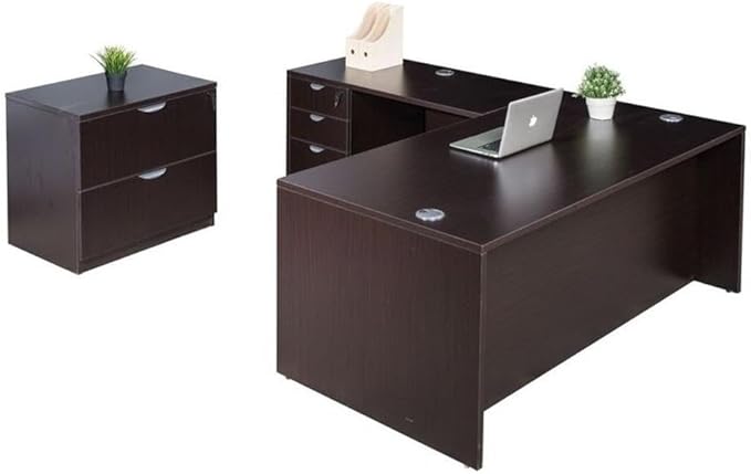 Boss Office Products Holland 71" Executive L-Shape Corner Desk with Storage Pedestal and Lateral File, Mocha