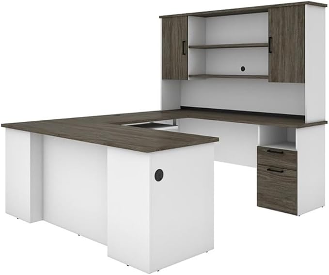 Atlin Designs Transitional U Shaped Computer Desk with Hutch, Laminated Wood, Walnut Gray/White Finish, Ample Storage, Smooth Slides, Reversible Office Workstation, 71" W x 88.4" D x 70" H