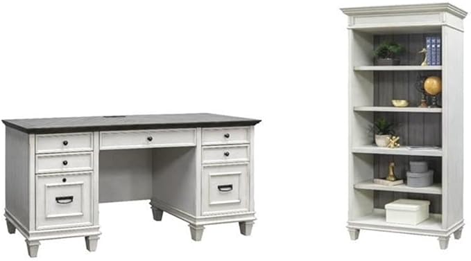 BOWERY HILL Set of 2 Credenza Office Desk and Open Bookcase in White