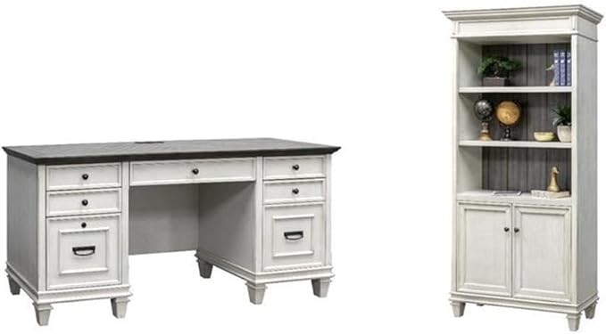 BOWERY HILL Set of 2 Credenza Office Desk and Bookcase with Doors in White