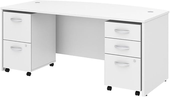 Bush Business Furniture Studio C 72W x 36D Bow Front Desk with Mobile File Cabinets in White