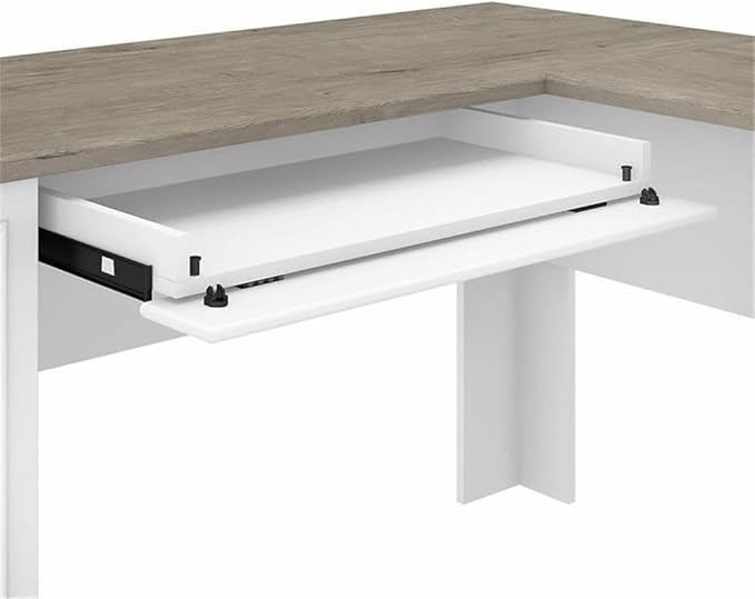 Bush Furniture Fairview 60W L Shaped Desk and 2 Door Storage Cabinet with File Drawer in Pure White and Shiplap Gray