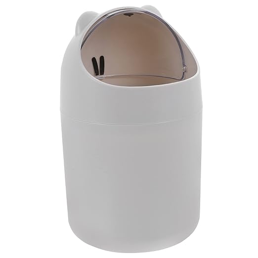 Alipis Cute Cartoon Bear Desktop Trash Can Lid Mini Waste Bin for Bedroom and Office Slim Plastic Garbage Container