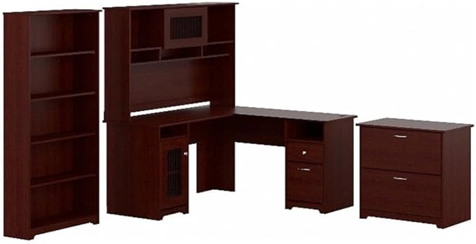 Bush Furniture L Shaped Desk with Hutch, 5 Shelf Bookcase and Lateral File Cabinet | Cabot Collection Corner Computer Table with Storage and Bookshelf | 60Wx23DX37W