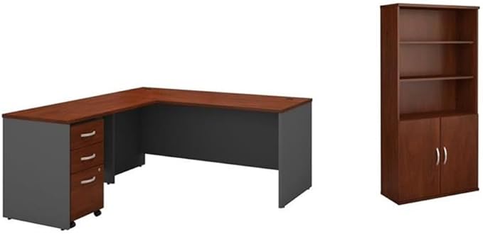 Pemberly Row Set of 2 66W L-Shaped Desk & 5-Shelf Bookcase in Hasnen Cherry