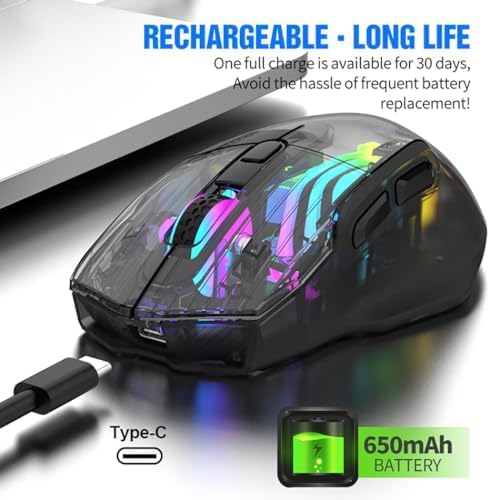 Bluetooth Wireless Mouse,Tri-Mode 2.4G/USB-C, Up to 3600 DPI,Transparent Mechanical Gaming Mouse,Chroma RGB Backlit, Must-Have Cool USB Computer Mouse for Gaming and Esports (White)