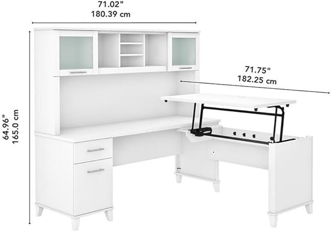Pemberly Row 72W Sit to Stand L Desk with Hutch, Engineered Wood, White Finish, Adjustable Heights, Frosted Glass Doors, File Drawer, Box Drawer, Ergonomic Office Furniture for Home Workspace