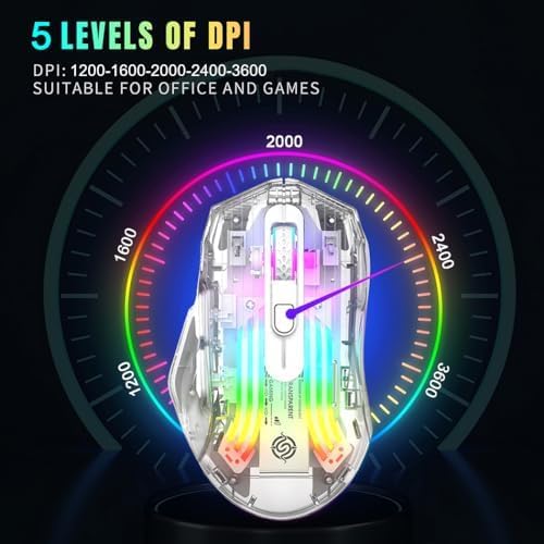 Bluetooth Wireless Mouse,Tri-Mode 2.4G/USB-C, Up to 3600 DPI,Transparent Mechanical Gaming Mouse,Chroma RGB Backlit, Must-Have Cool USB Computer Mouse for Gaming and Esports (White)