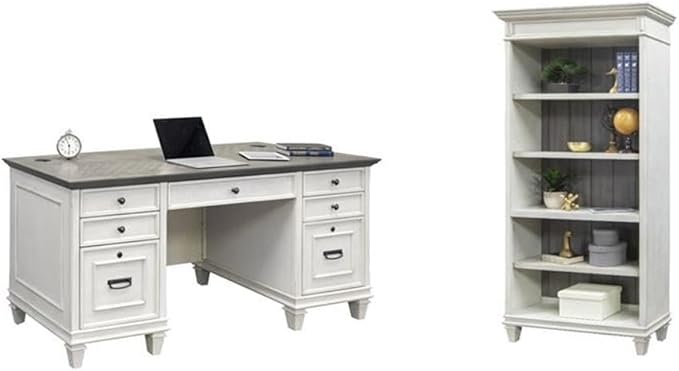 BOWERY HILL Set of 2 Double Pedestal Desk and Open Bookcase in White