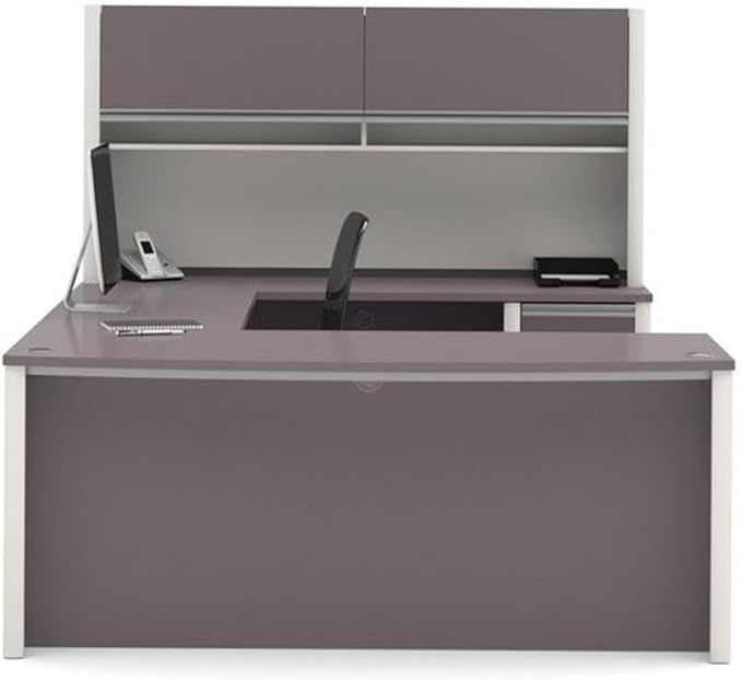 Bowery Hill Contemporary Wood U-Shaped Workstation, Sandstone/Gray Finish, 71.13"W x 92.38"D x 65.75"H, Modular Design, Durable Melamine Surface, Commercial Grade Office Desk with Hutch and Shelving