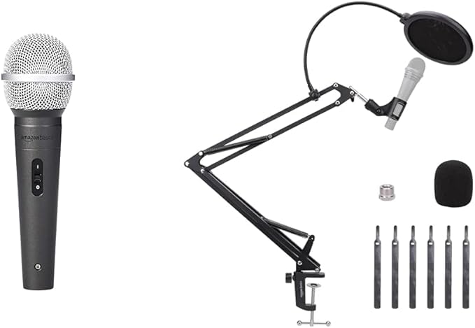 Amazon Basics - Dynamic Vocal Microphone + 14-inch Microphone Desk Arm Stand with Adjustable Boom, Pop Filter, and Windscreen