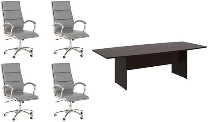 Pemberly Row Set of 5 - Cherry Conference Table & 4 Light Gray Executive Chairs