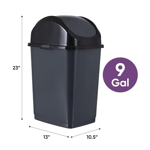 Superio Kitchen Trash Can with Swing Top Lid 9 Gallon Slim Waste Bin 37 Qt Sturdy Plastic Garbage Can Medium Recycling Bin for Office, Bathroom, Under Counter, Dorm, Bedroom (Dark Grey-2 Pack)