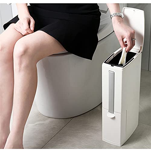 Slim Bathroom Trash Cans with Lid 4.4 Inches Wide/0.7 Gallons(3 Liters),Small Narrow Lidded Bathroom Trash Can with Toilet Brush for RV Camper,Tiny Garbage Can Rv Accessories for Inside(White)