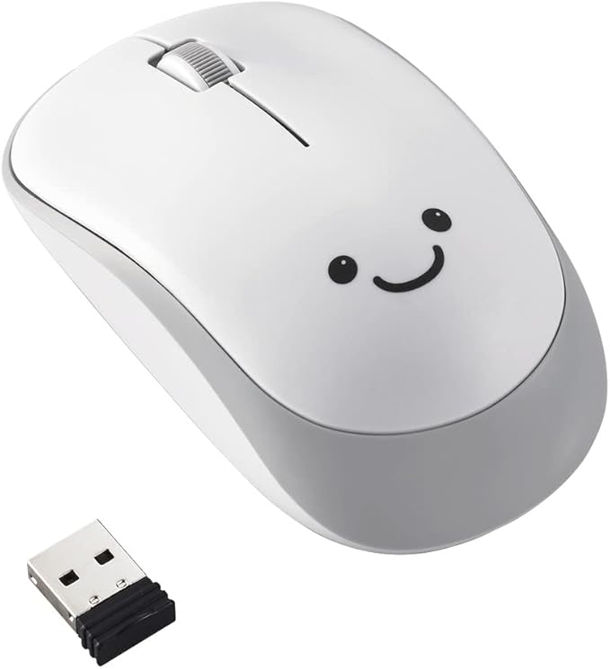 ELECOM Cute Face Mouse, 2.4GHz USB Wireless, Ambidextrous Design, Silent Click, Lightweight, Portable, Gray White Computer Mice, Plug and Play, Girls, Boys and Kids, for PC, Laptop, Windows and Mac