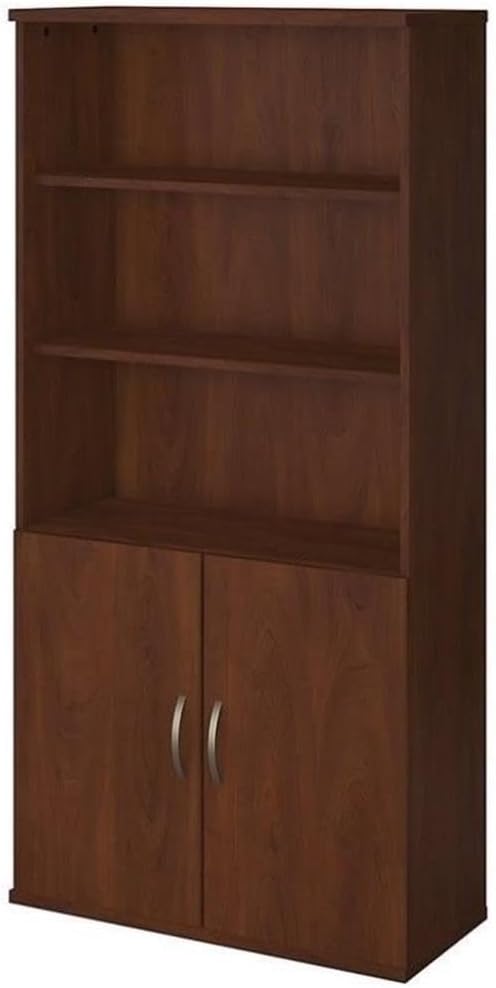 Pemberly Row Set of 2 5-Shelf Bookcase with Doors & L-Shaped Desk with Drawers