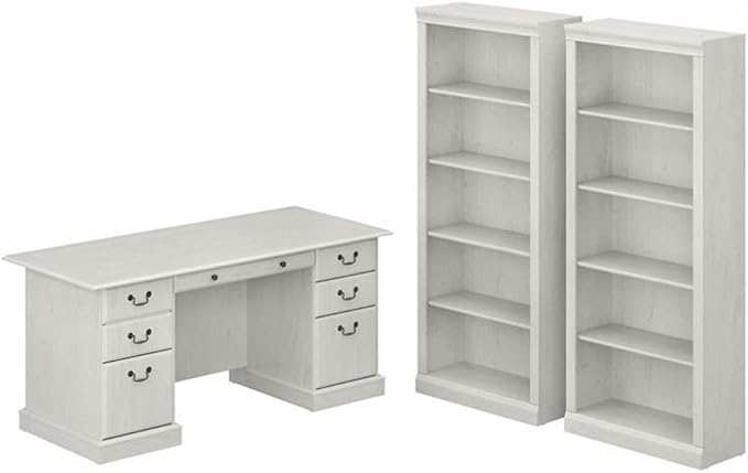Pemberly Row Executive Desk & Bookcase Set, Linen White Oak Finish, Engineered Wood, 66W Desk with Drawers, 2 Tall 5-Shelf Bookcases, Traditional Office Furniture for Home or Workspace